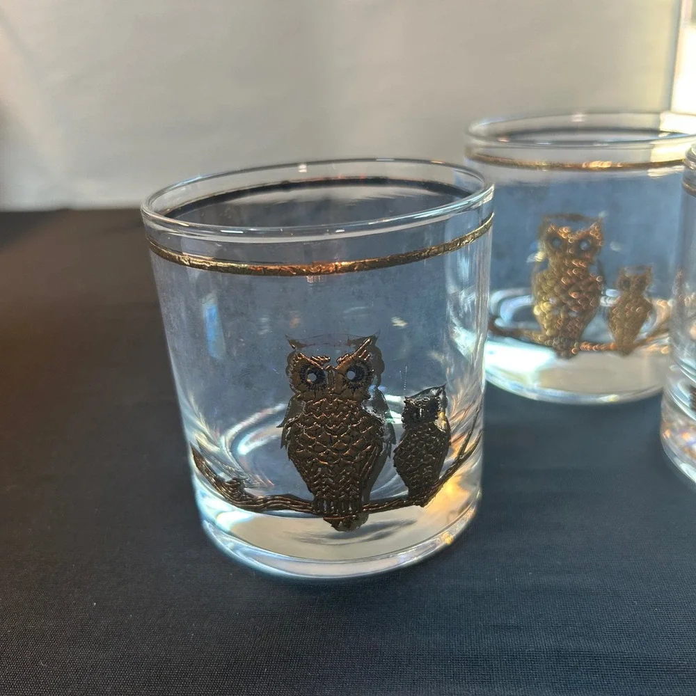 lot 5 vintage 1960s mcm culver glass 22k gold owls rocks lowball glasses barware
